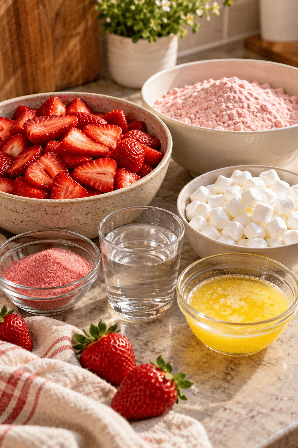 Ingredients for strawberry upside down cake arranged for baking