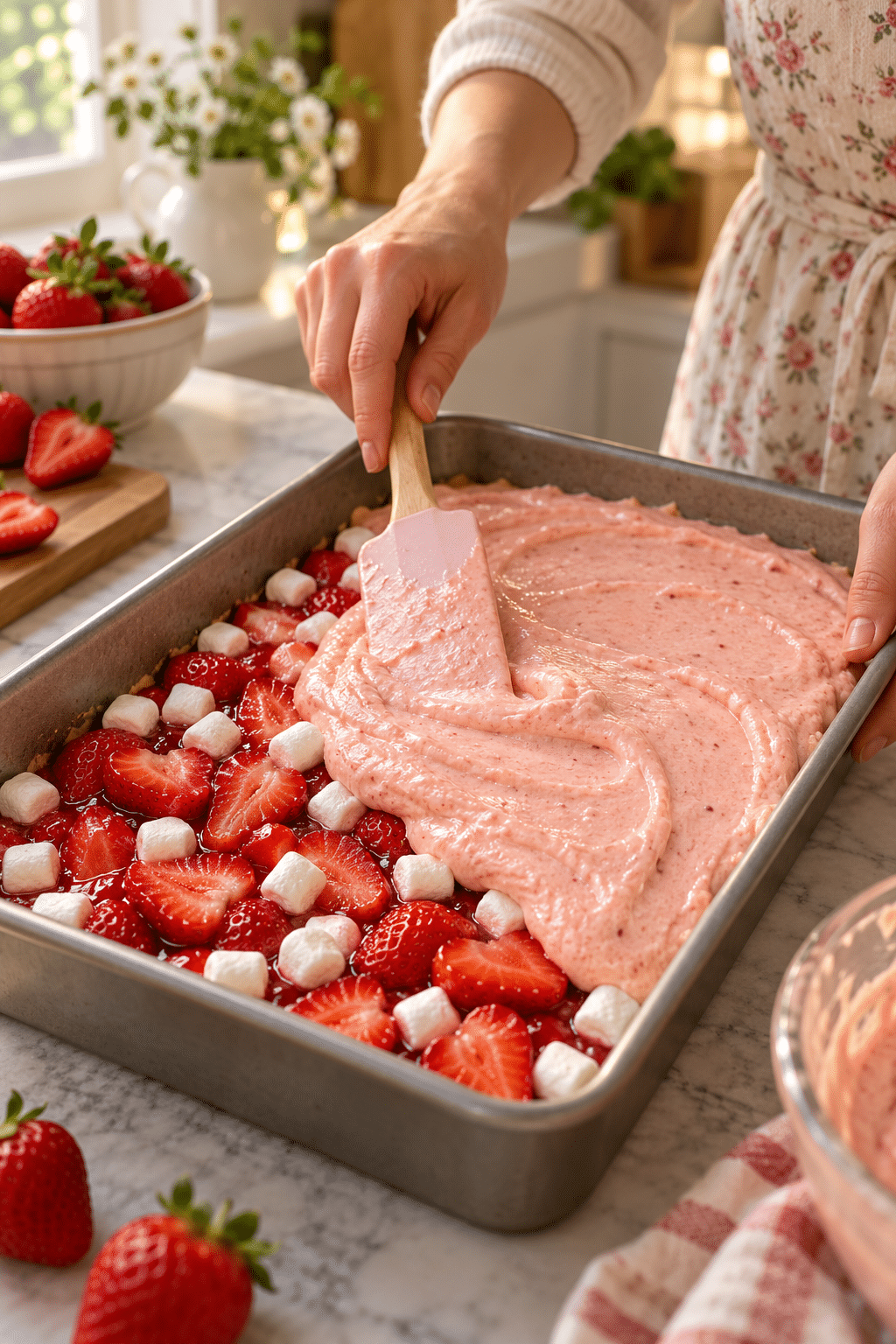 Strawberry upside down cake batter being layered over fruit and marshmallows
