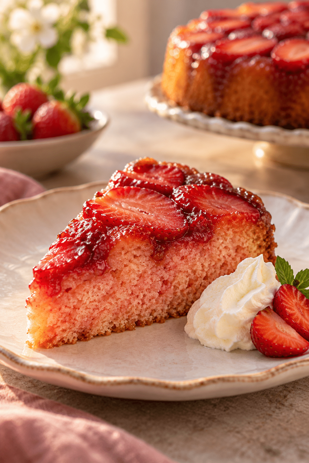 A slice of strawberry upside down cake showing the soft fruit topping