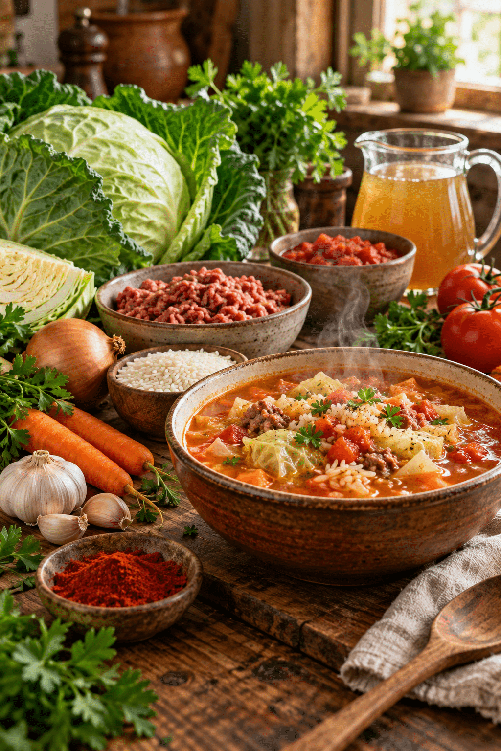 Ingredients for stuffed cabbage soup arranged for cooking