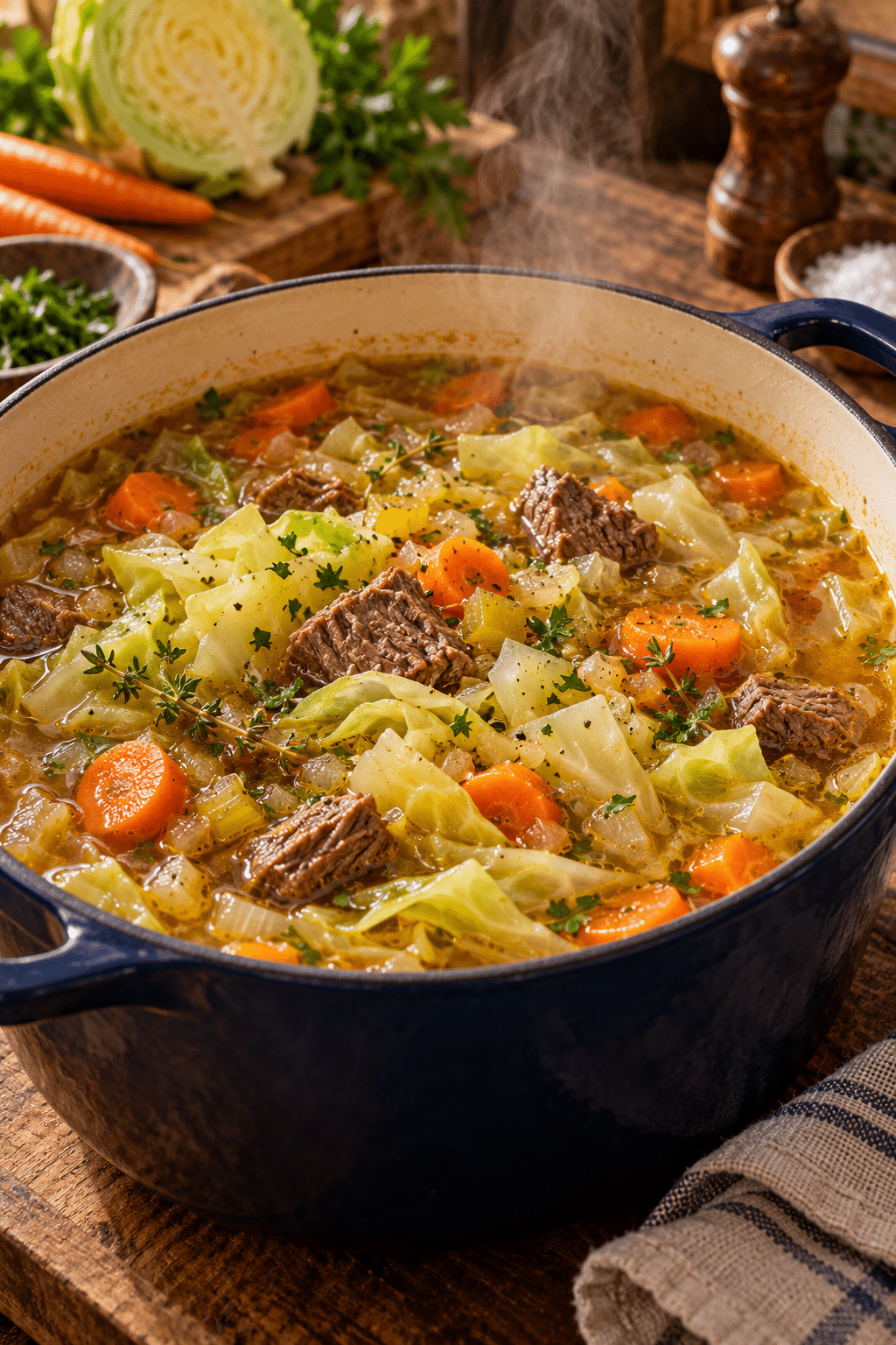 Cabbage and beef simmering for stuffed cabbage soup