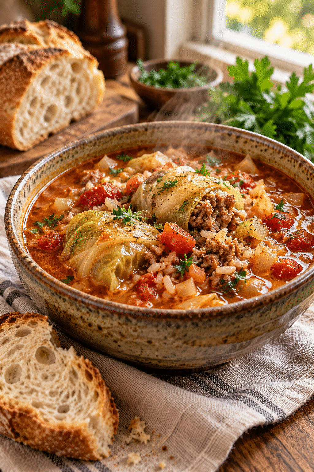 A warm bowl of stuffed cabbage soup with beef, cabbage, and rice