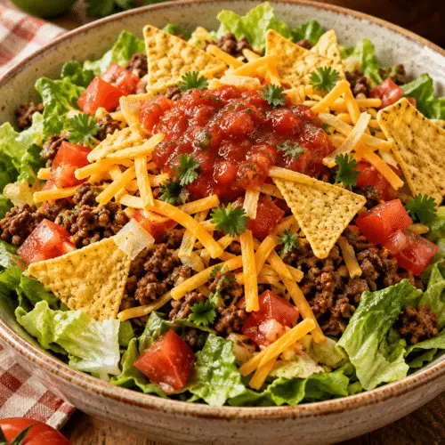 taco salad with seasoned beef and tortilla chips