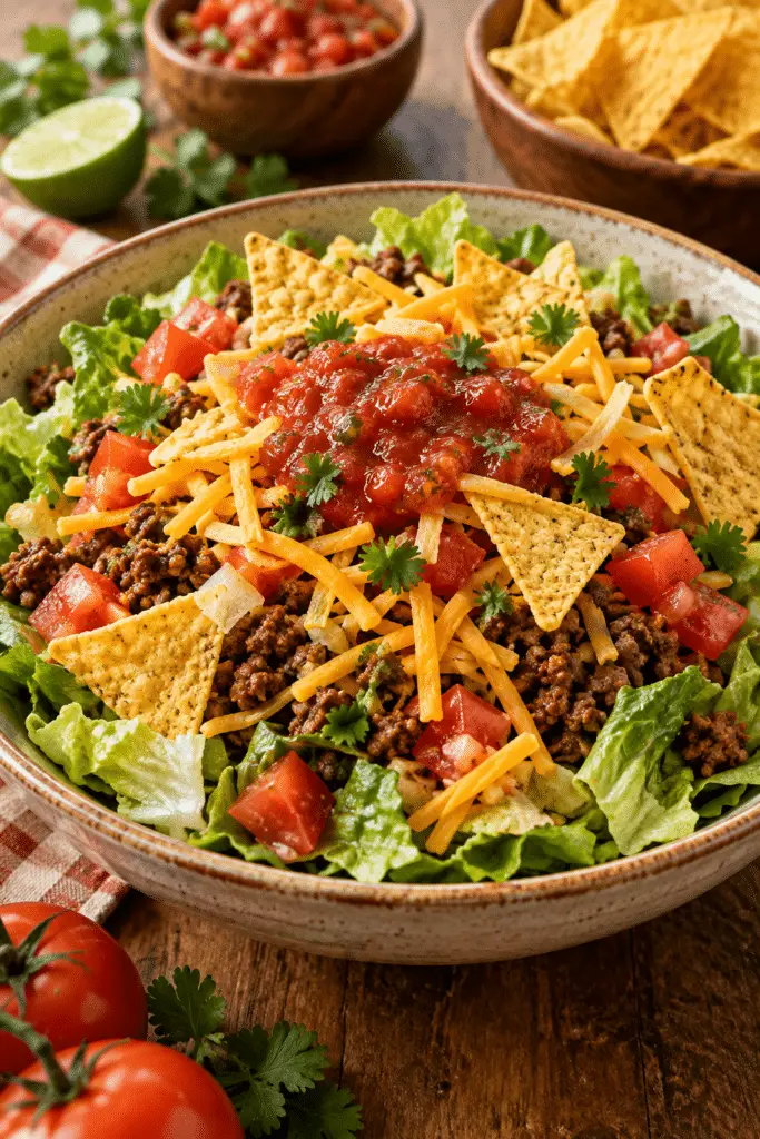taco salad with seasoned beef and tortilla chips