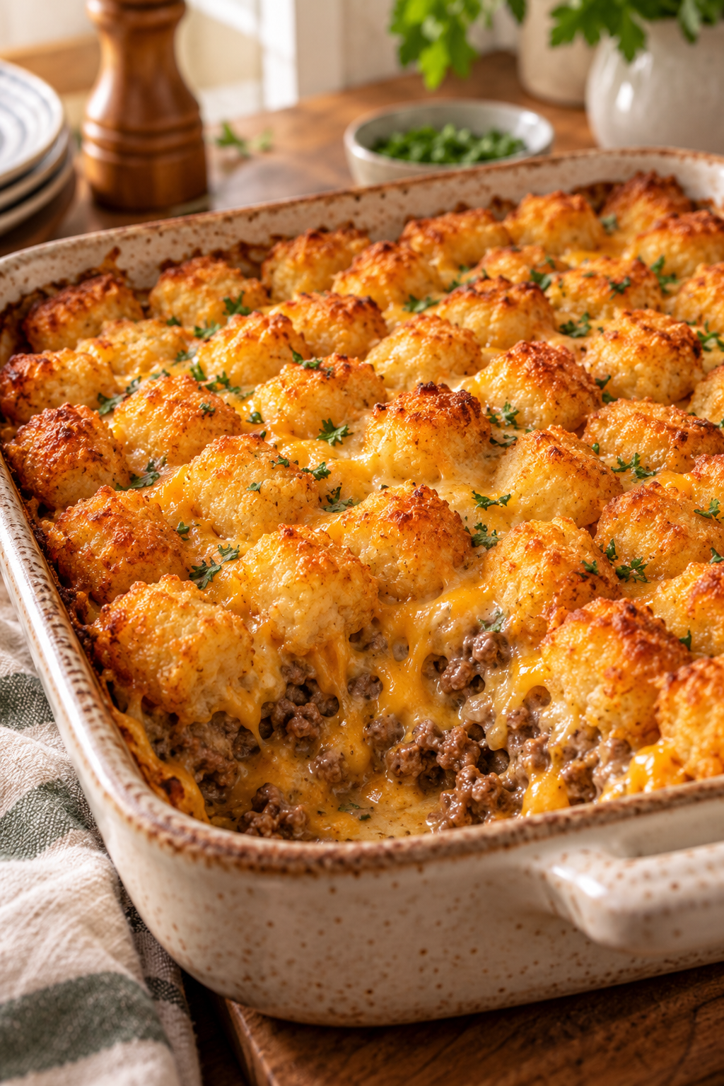 tater tot casserole with beef and cheddar
