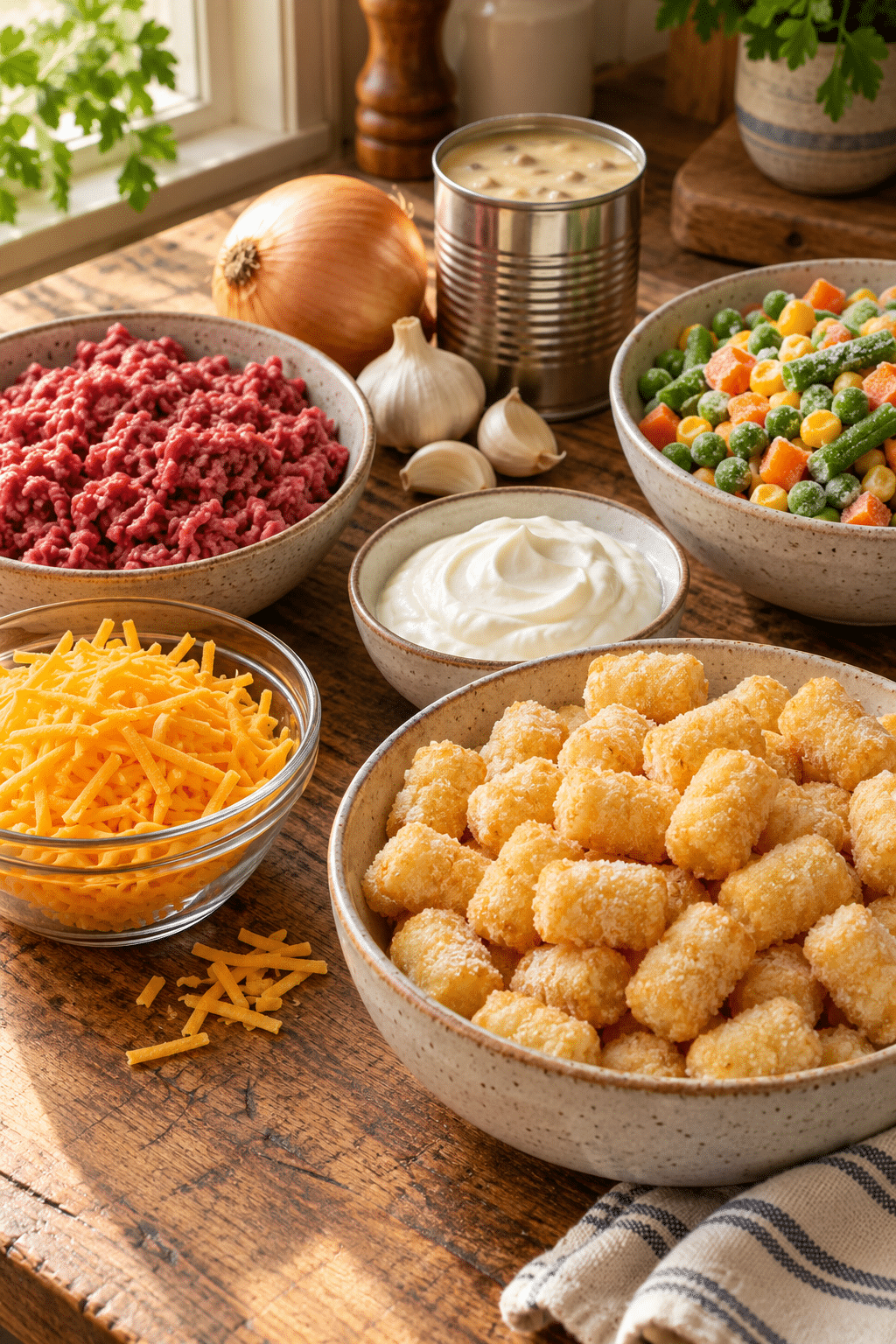 tater tot casserole ingredients arranged for cooking