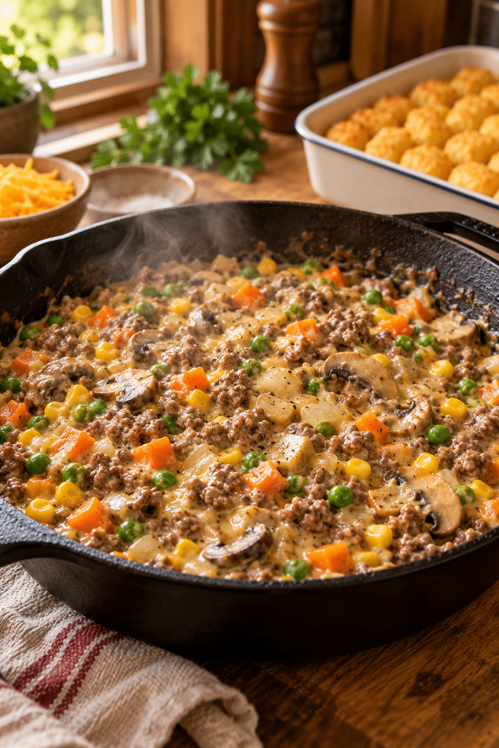 tater tot casserole filling prepared in a skillet
