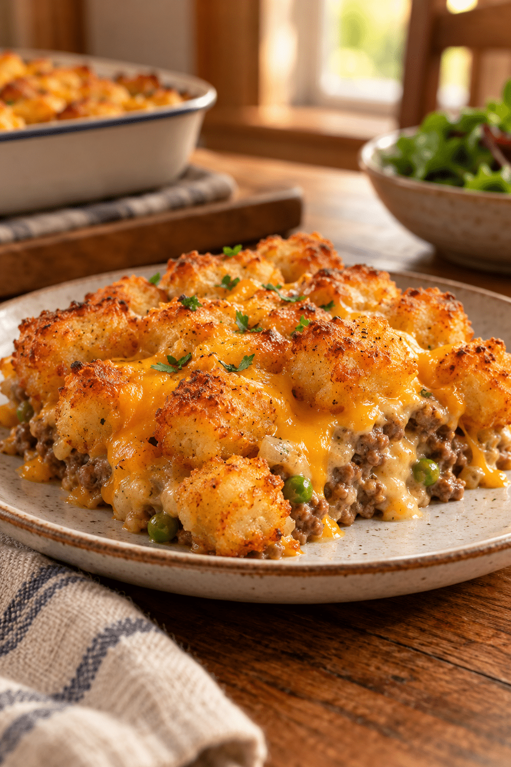 baked tater tot casserole with crisp golden topping