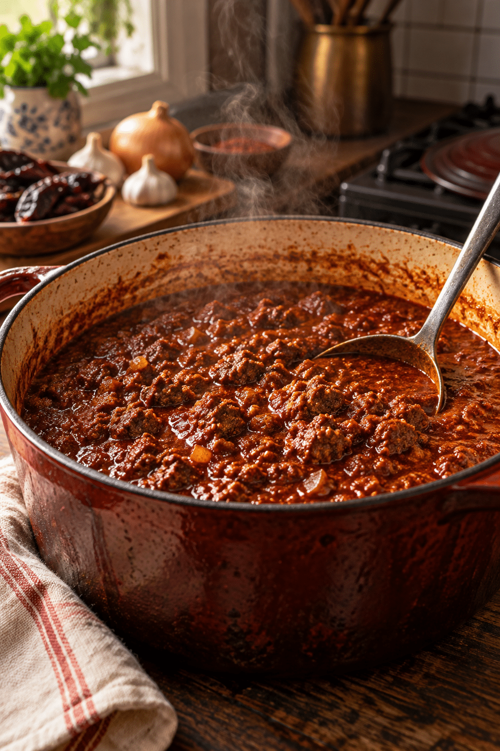Texas no-bean chili simmering in a pot