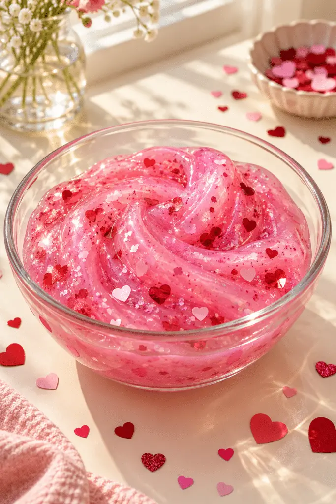 Valentine slime recipe in a pink bowl
