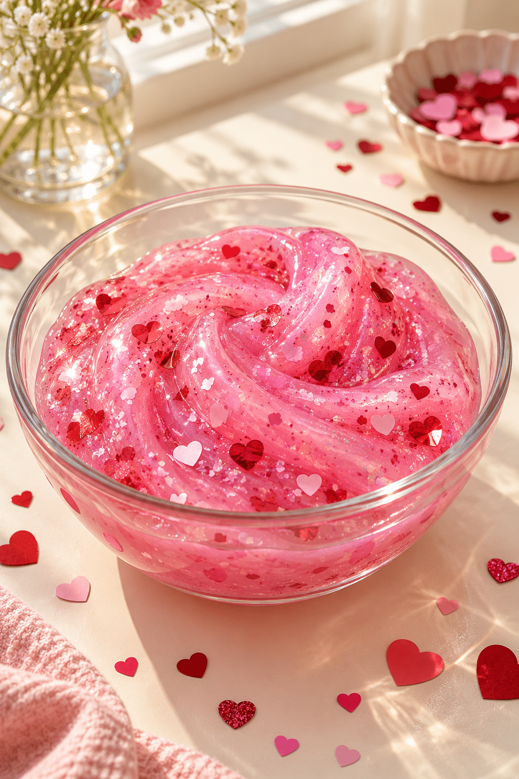 Valentine slime recipe in a pink bowl