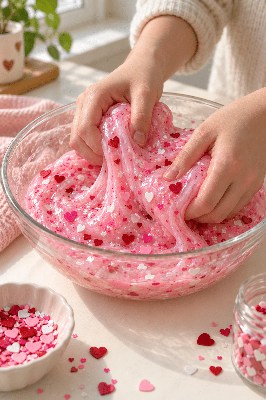 Mixing the Valentine slime recipe