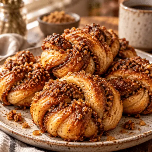 vegan cinnamon knots with crunchy brown sugar topping