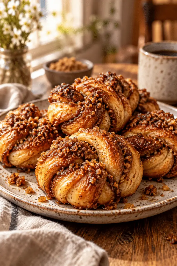 vegan cinnamon knots with crunchy brown sugar topping