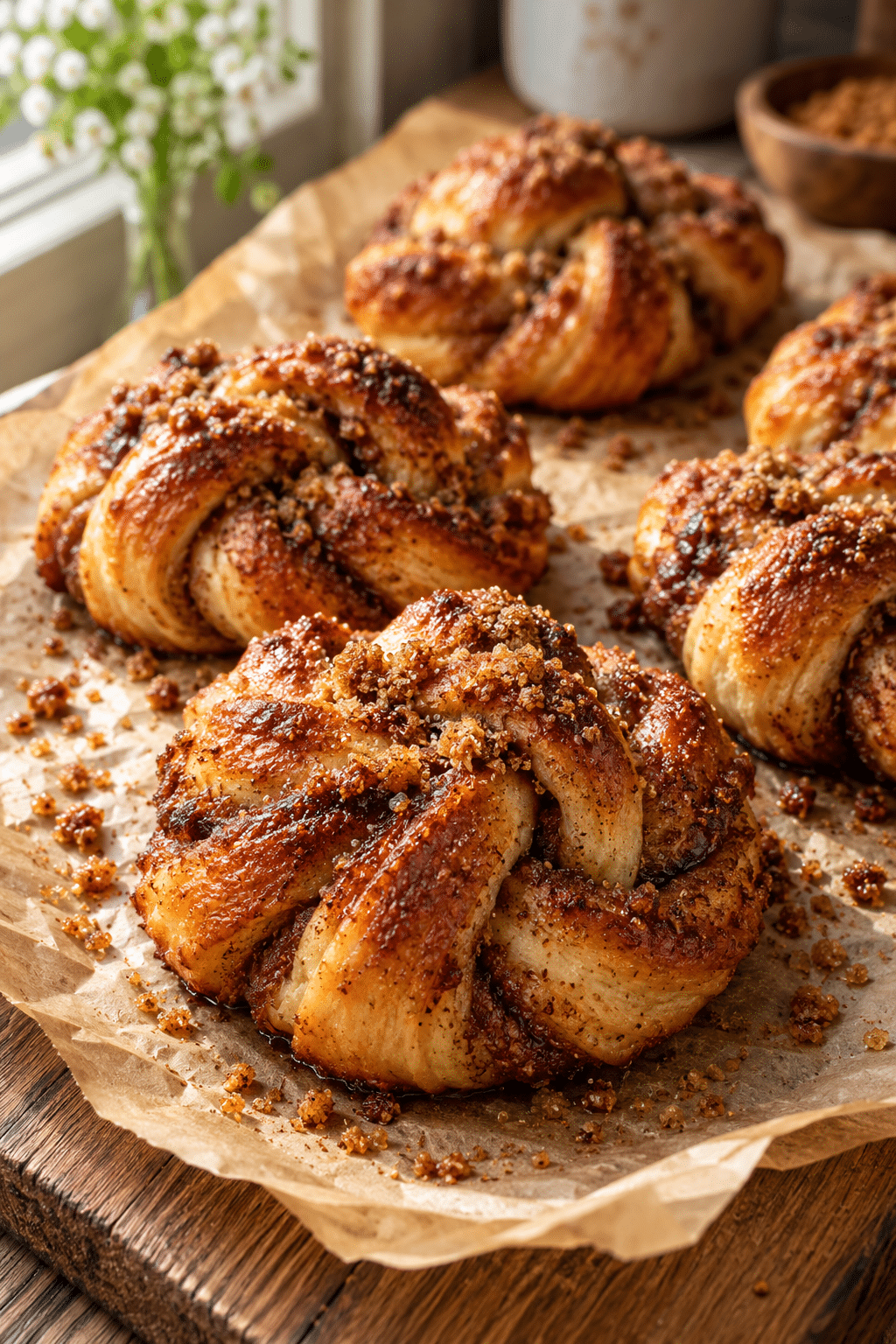 twisting vegan cinnamon knots before baking