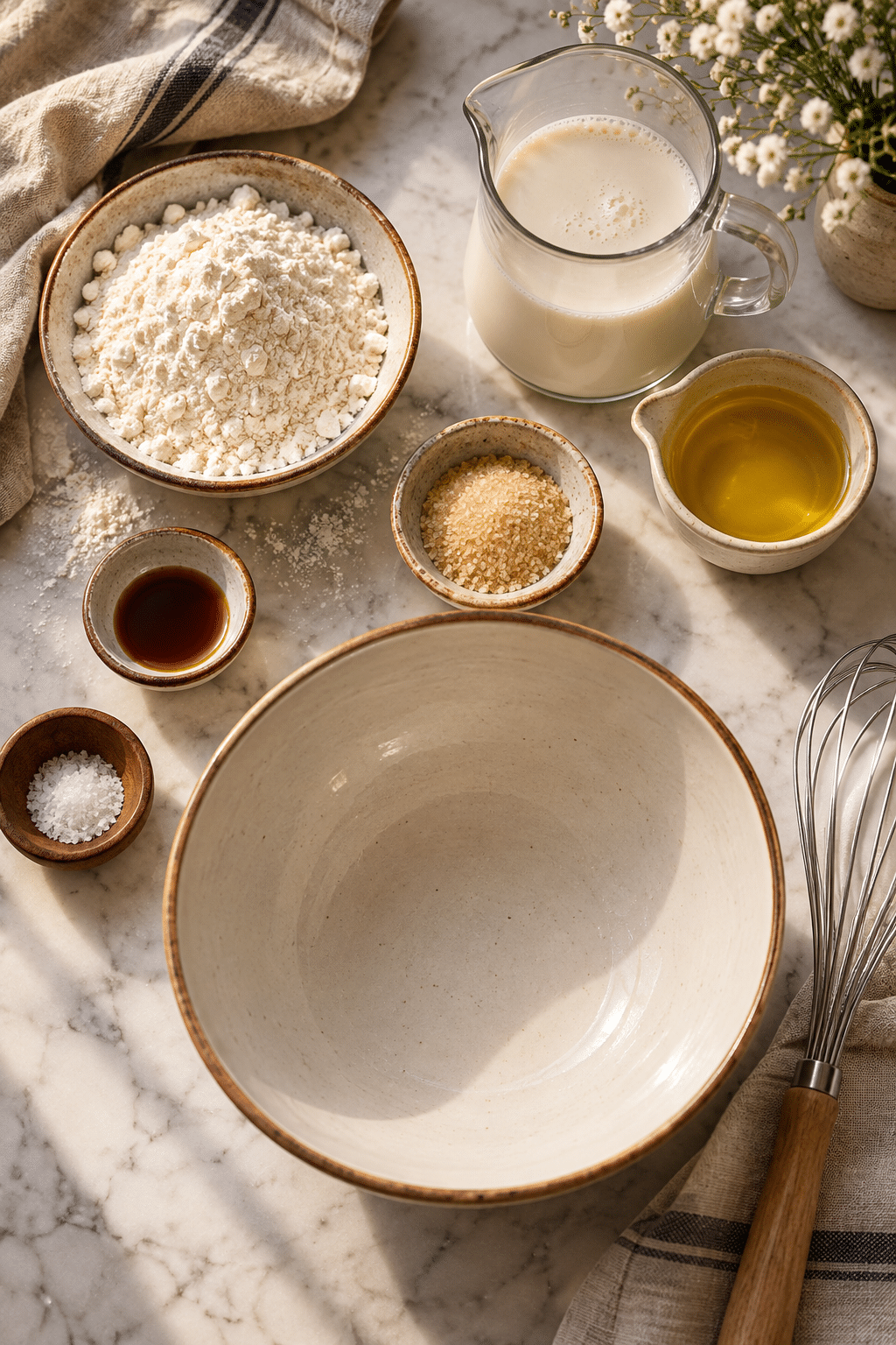 Ingredients for vegan crepes arranged beside a mixing bowl