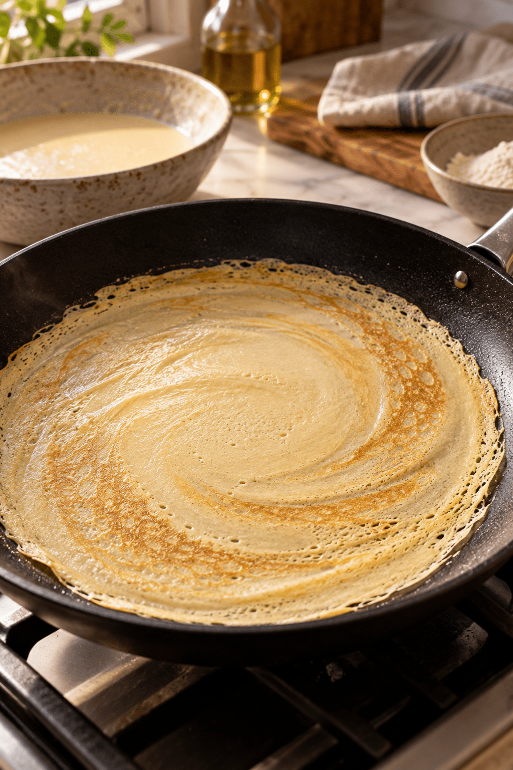 Thin vegan crepe batter cooking in a skillet