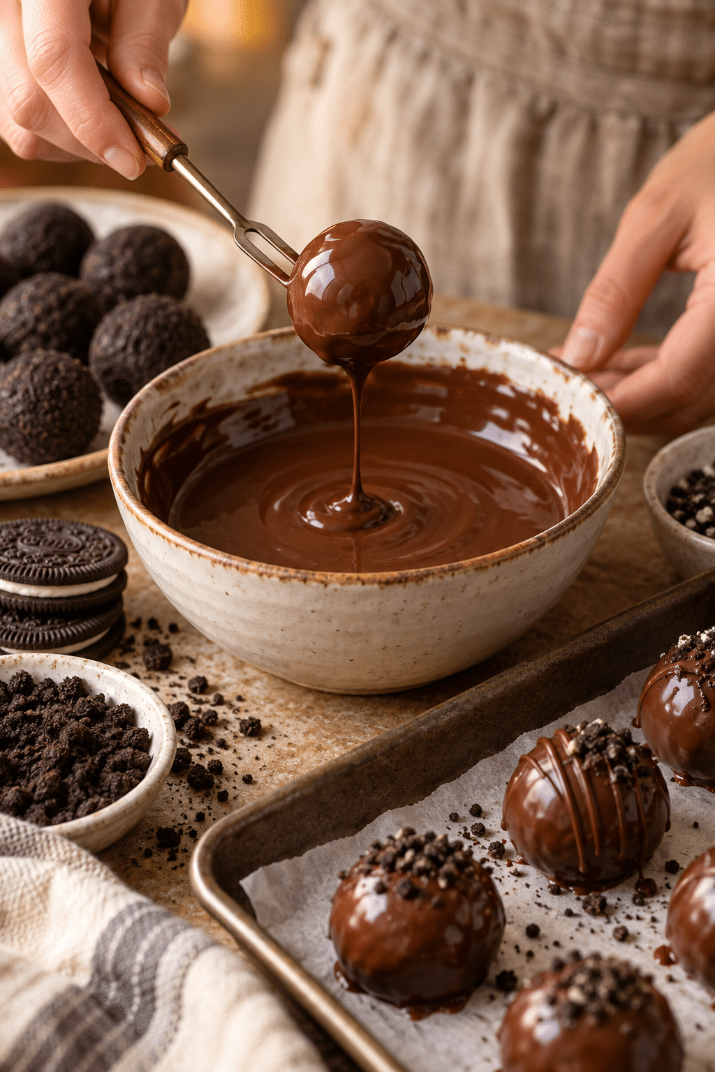Vegan Oreo truffles being dipped in chocolate