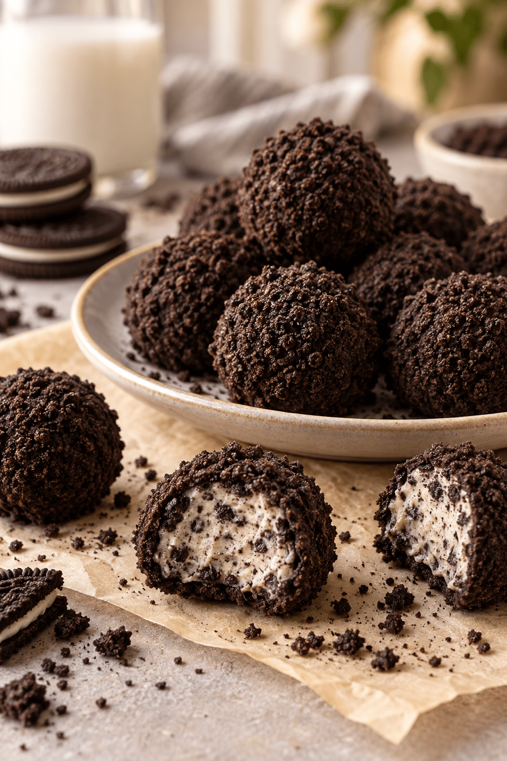 Finished vegan Oreo truffles on a serving plate