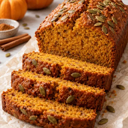 sliced vegan pumpkin bread loaf