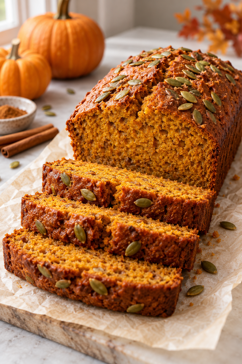 sliced vegan pumpkin bread loaf