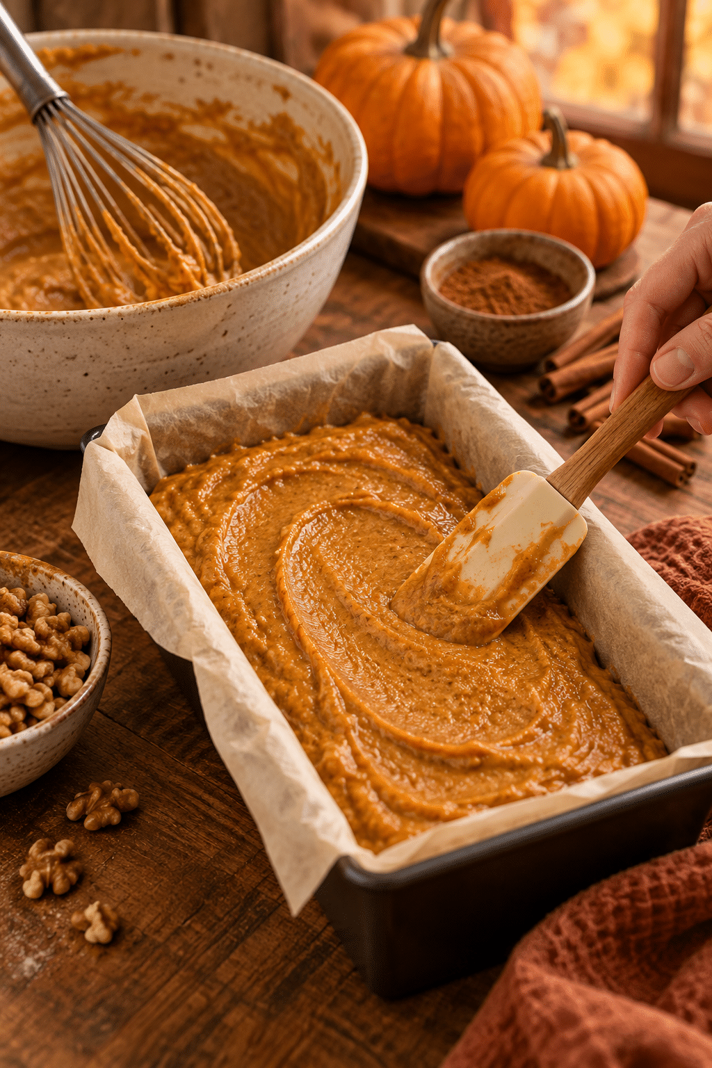 vegan pumpkin bread batter in a loaf pan