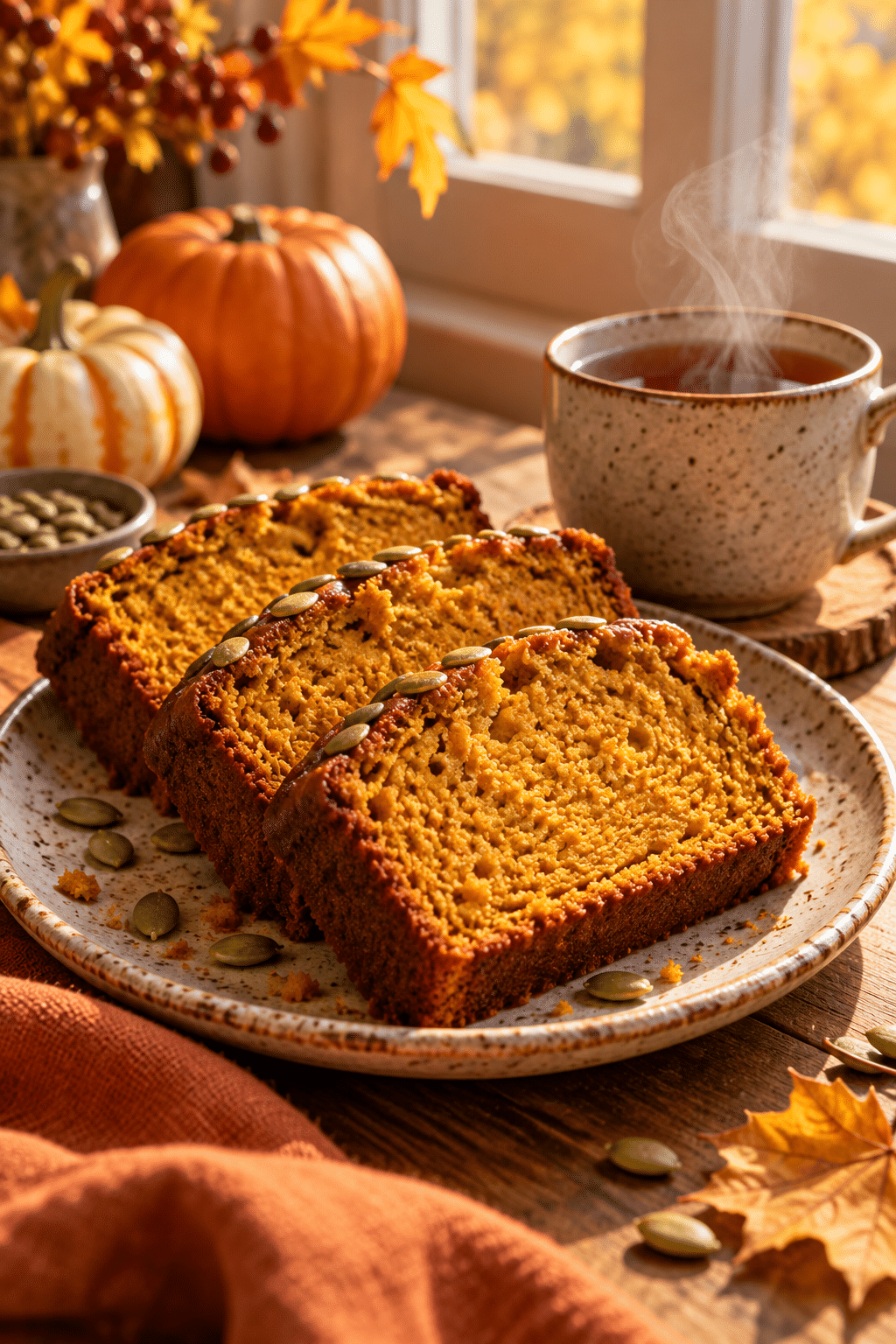 vegan pumpkin bread slices served with tea