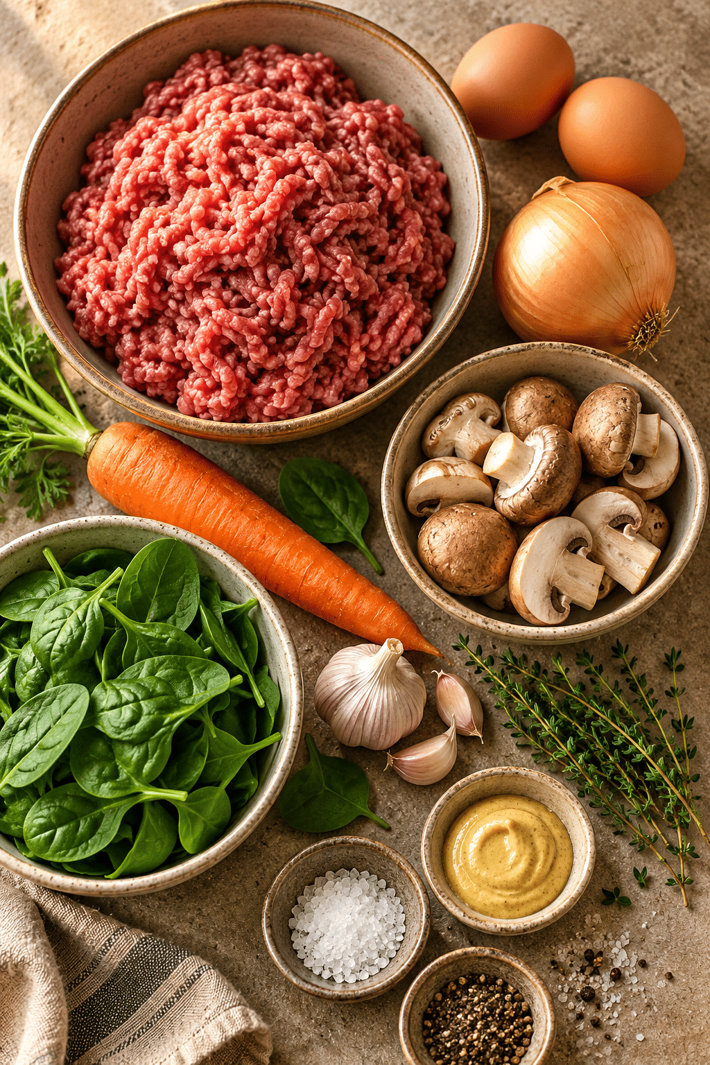 veggie-loaded mini meatloaves ingredients measured and arranged
