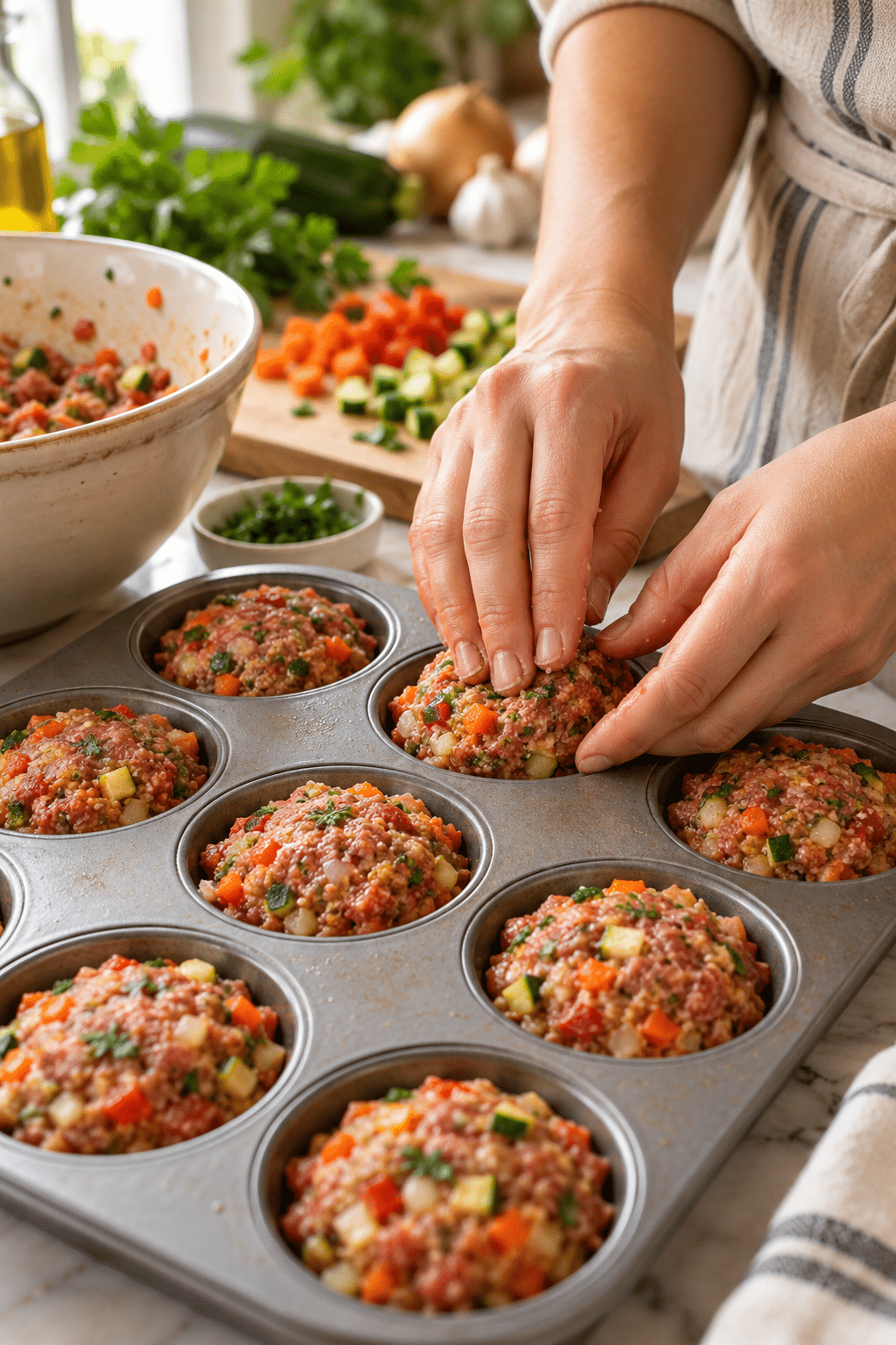 veggie-loaded mini meatloaves preparation in progress