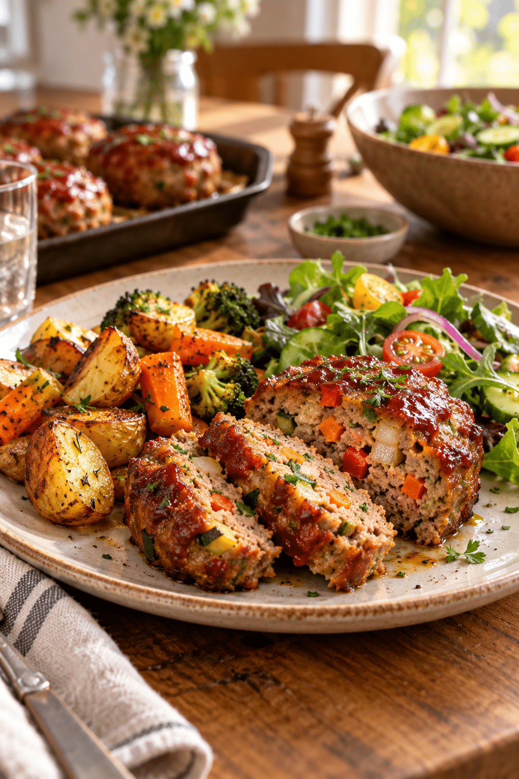 veggie-loaded mini meatloaves served with vegetables