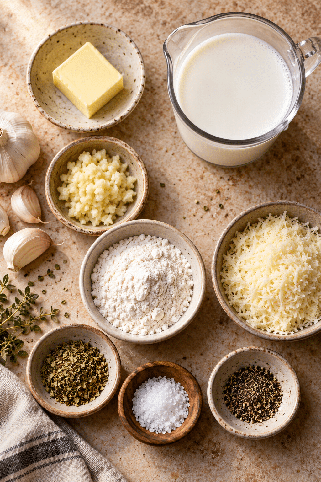 white garlic pizza sauce ingredients measured and arranged
