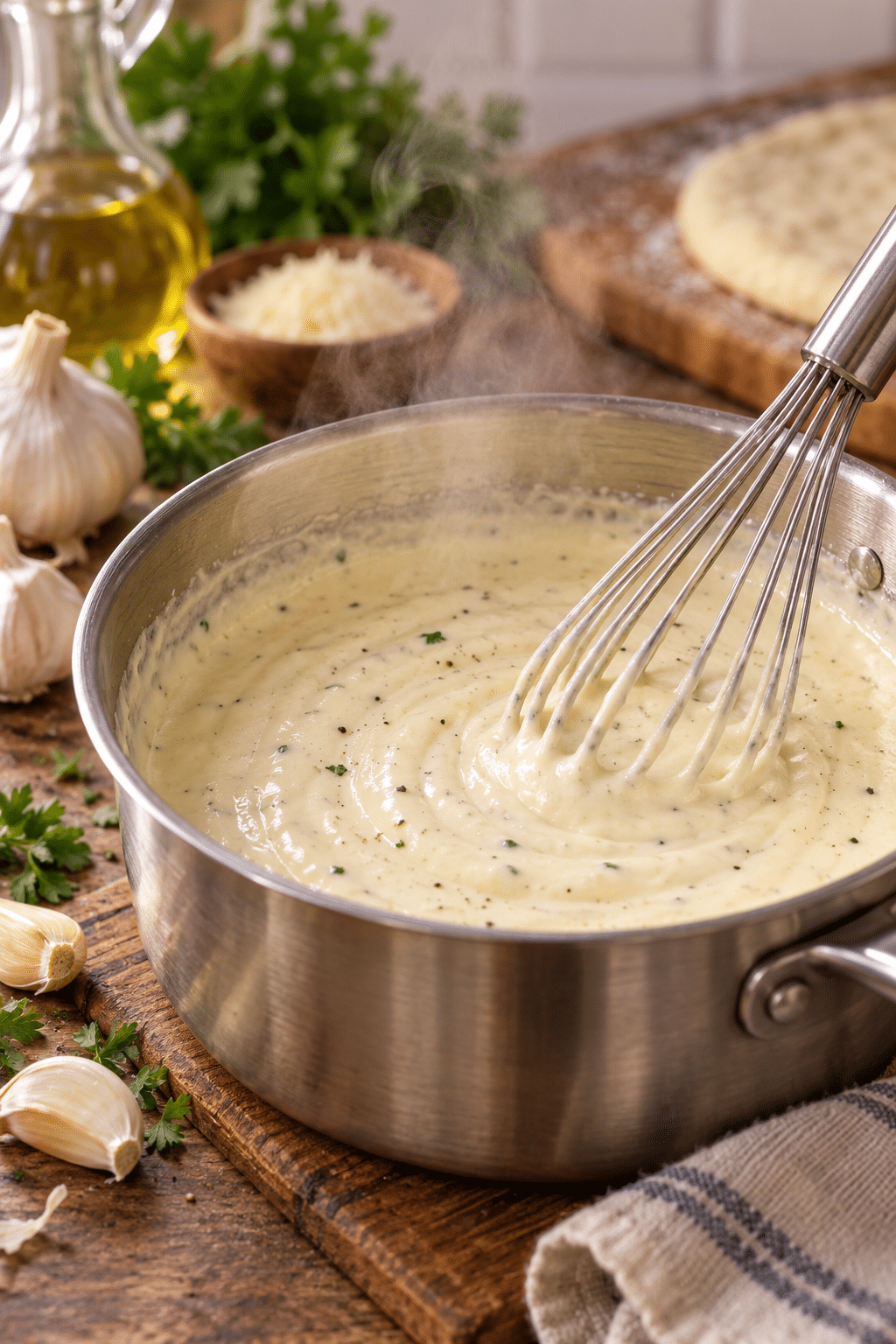 white garlic pizza sauce whisked in a saucepan