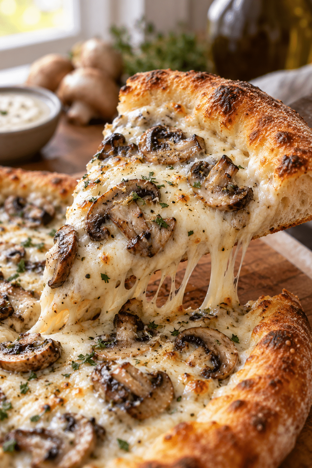 white garlic pizza sauce spooned over a slice of pizza